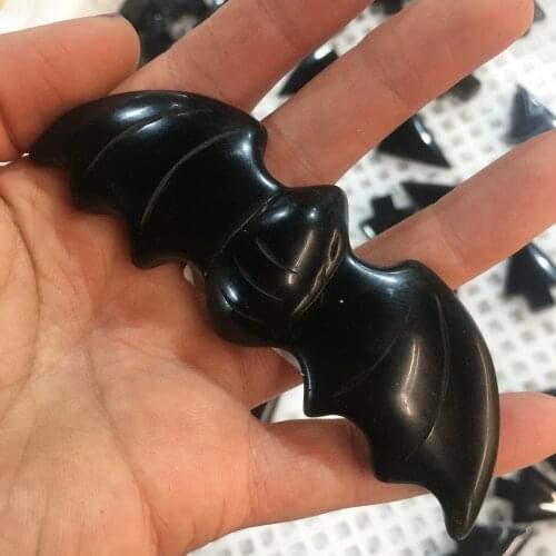 Natural Obsidian Bat Hand Carved Quartz Crystal Bat Crafts Reiki Healing Crystal Stone Figurine Halloween Gift Home Decoration