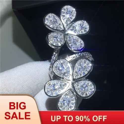 Handmade Big Flower Promise ring Silver color AAAAA Cz Stone Engagement wedding band rings for women Finger jewelry