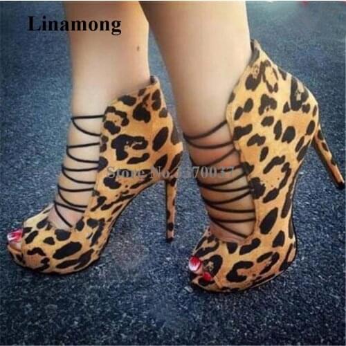 Ladies Sexy Open Toe Leopard Suede Leather High Platform Pumps Cut-out Back Zipper Super High Heels Formal Evening Dress Shoes