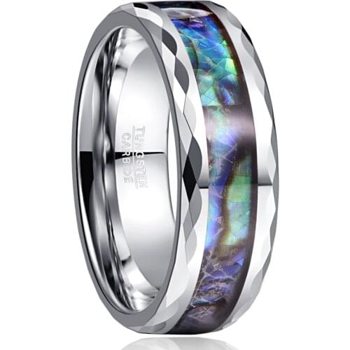 2019 Tungsten Carbide Ring 8MM Wide 2.3MM Thick Steel Color Polished Faceted + Abalone Shell Tungsten Steel Ring