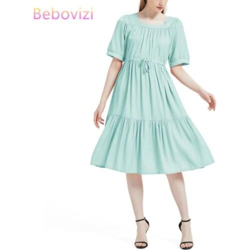 Green Black Pink Red Summer Women Dress Elegant Japanese and Korean Fashion Casual Short Sleeves Loose High Waist Midi Dresses