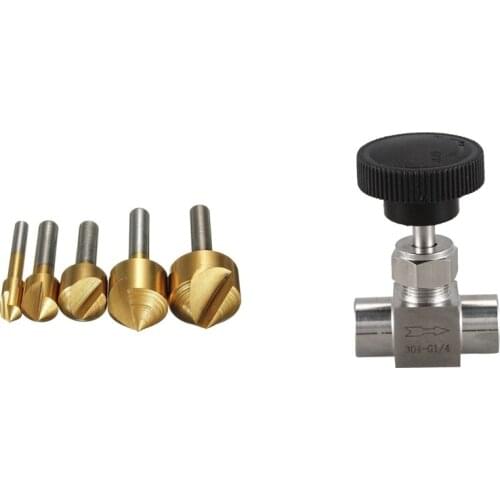 LBER 5 Tlg HSS Countersink Counterbore Countersinks Set with Female Thread SS Flow Control Shut Off Needle Valve