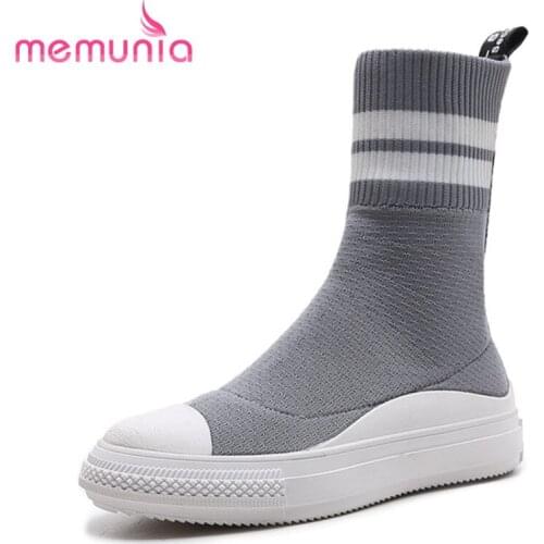 MEMUNIA NEW arrival 2020 mid calf boots round toe knitting+stretch fabric casual shoes slip on striped flat womens boots