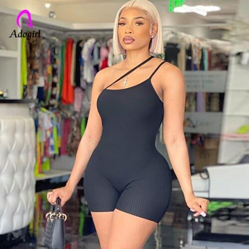 Fitness Women Rompers Spaghetti Straps Solid Ribbed Knitted Skinny Biker Playsuits 2021 Summer Active Sexy Streetwear Overalls