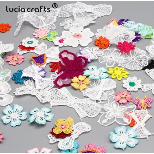 30g 1-12cm Random Mix Style Flower Bow Applique Trim Embroidered Organza Patches Badge For Sewing Clothing Accessories B0108
