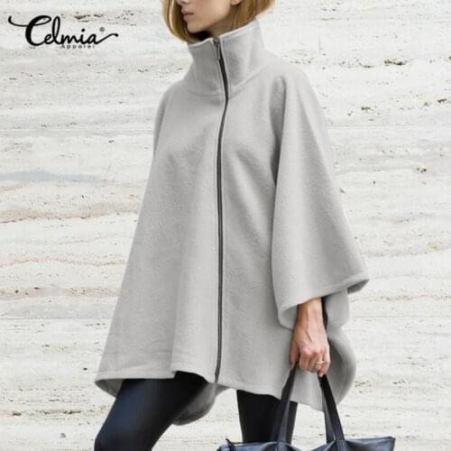Celmia Womens High Neck Casual Bat Sleeve Capes Ponchos 2021 Winter Coats Loose Solid Zipper Vintage Jackets Fleece Cloaks