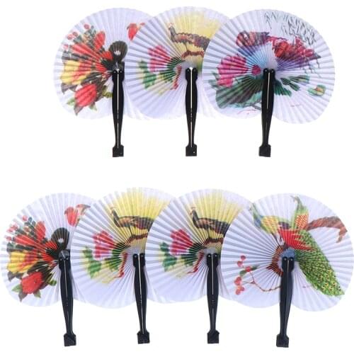 Decorative Fan Chic Female Handheld Fan Chinese Pocket Folding Hand Fan Round Circle Printed Paper Party Decor Gift color random