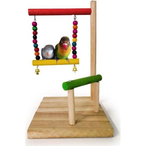 Wooden Parrot Hanging Swing Bell Toy Bird Perch Stand Bar Beads Pet Cage Decor Fantasy Bell Pendant Small Birds Fixed platform