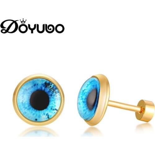DOYUBO Brand Stainless Steel Blue Eyes Shape Stud Earrings For Men & Women Gold Color Round Earrings Trendy Accessories DB195