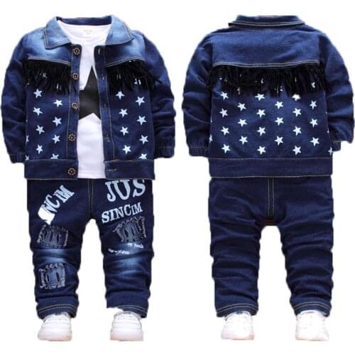 Childrens Autumn Denim 3pcs Clothing Sets Baby Boys Denim Jackets T-shirts Jeans Outfits Toddler Boys Casual School Costume