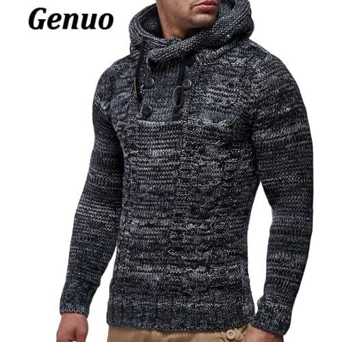 Genuo Winter Knitted Sweater Men Autumn Fashion Solid Mens Sweaters 2020 Casual Turtleneck Outerwear Hooded Pullover Sweater