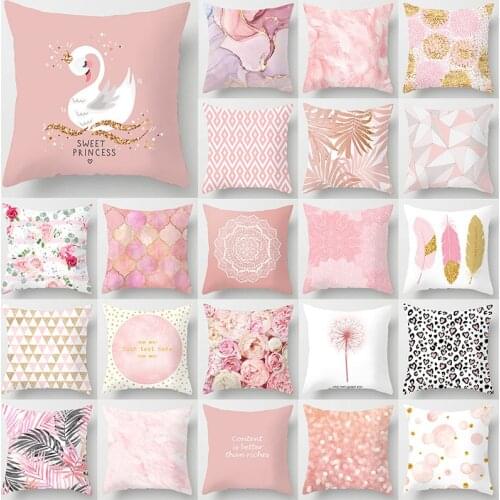 Geometric Cushion Cover Pink Feather Plants Pillowcases Sofa Cushions Decorative Throw Pillows Home Decor Pillowscover Polyester
