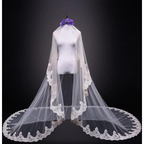 2018 Hot real bride mask veil 3 Meters White & Ivory Sequins Blings Sparkling Lace Edge Purfle Long Cathedral Wedding customiza