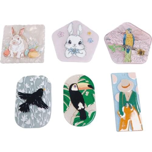 Kawaii Animal Rabbit Bird Image Painting Resin Jewelry Charms 30pcs DIY Ornament Accessories Necklace Pendant Earring Bracelets