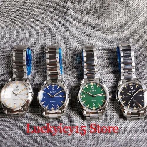 BLIGER Brand 24 Jewels NH35A Movement Green/Blue Mechanical Men Watch Steel Bracelet Date Window Sapphire Crystal Seeing Back