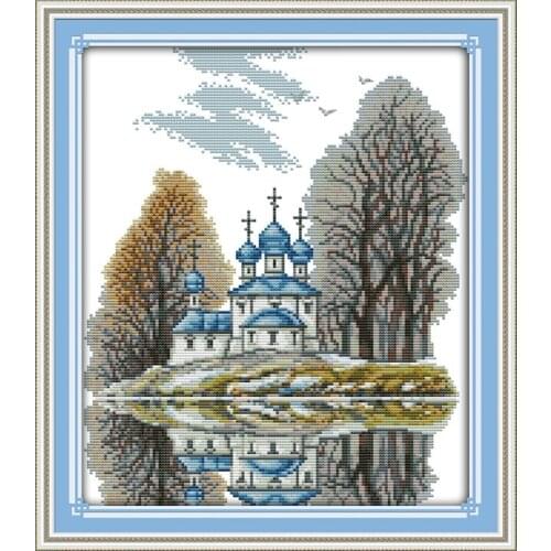 Joy Sunday Blue Chengbu 11CT / 14CT Cross Stitch Hand Embroidery Kit with Customized Pattern City View Home Decoration Gift Set