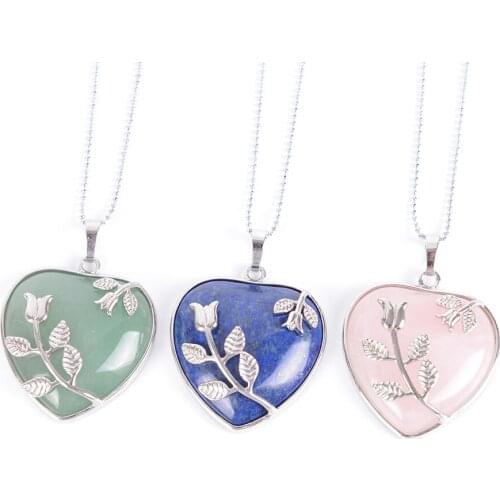 Natural Stone Jewelry New Arrival Rose Flower Pendant Leaf Long Necklace Copper Real Love Heart Gem Jewelry for Girl D791-D799