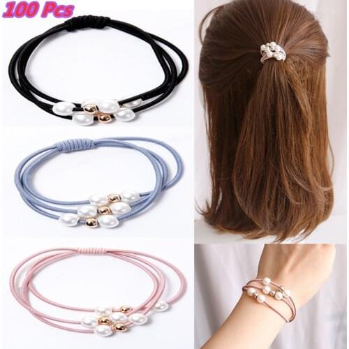 Wholesale 100PCS/Set Black Blue Pink Nylon Elastic Metal Bead Pearls Hair Bands Rubber Band Headband for Women Girls 2021 Trend