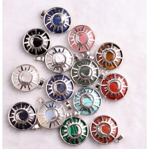 Wholesale 24pcs/Lot Natural Stone 27mm Round Shape Moon Sun Malachite Hollow Out Design Pendant Amulet Women Men Jewelry Making