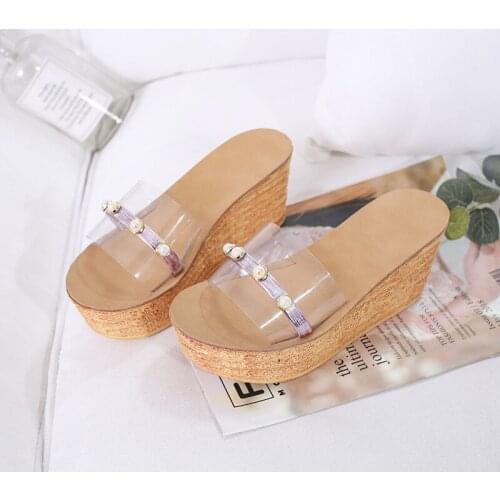 Fashion Thick High Heels Wedges Slippers Women Shoes Woman Sequins 2020 Summer Sexy Transparent Pearl Ladies Slippers slides