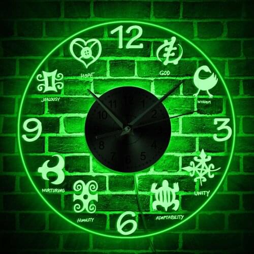 African Adinkra Symbols Luminous Wall Clock with LED Night Light Afrocentric Themed Interior Art Decor Acrylic Modern Horologe