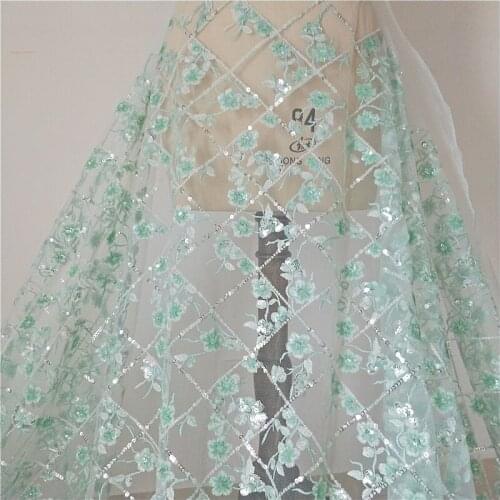 Newest Gorgeous flower Lace Fabric Green Heavy Grid Sequins Wedding/Bridal Dress Fabric By Yard 51 Inches Wide