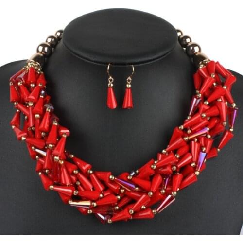 Twisted Taper Crystal and Acrylic Beads Women`s Rich Statement Collar Necklace Earring Set