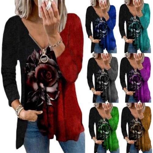 2021 Autumn Womens Elegant Zipper Rose Flower Print Tshirts Long Sleeve V-neck Harajuku Basic Tops Loose Casual T-shirts Female