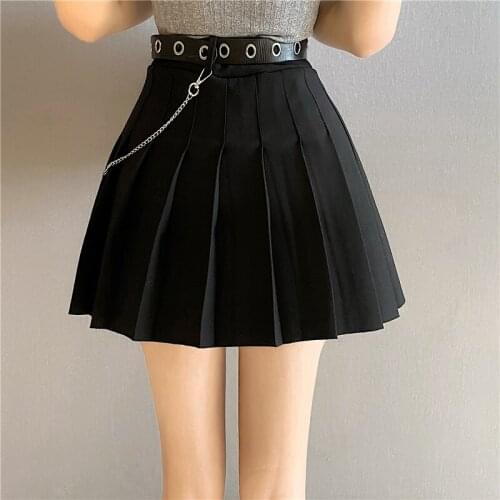 Zoki High Waist Women Pleated Skirt Summer Fashion Belt A Line Black Mini Skirt Preppy Style Girls School Dance Chic Skirt 2021