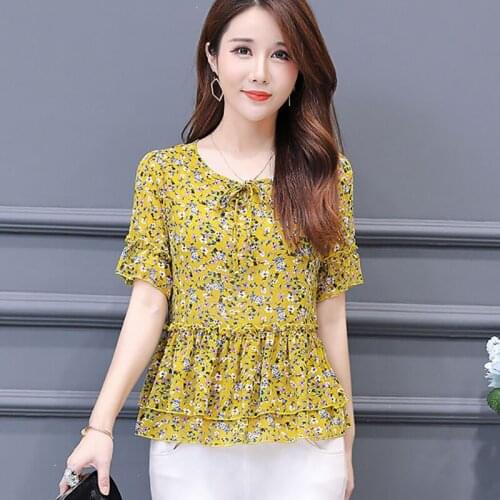 Women Spring Summer Style Chiffon Blouses Shirts Lady Casual Short Flare Sleeve Flower Printed Blusas Tops ZZ0322