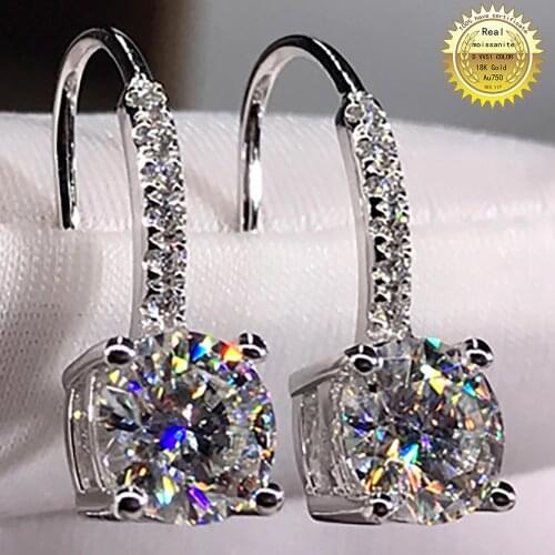 18K Au750 White Gold Women Stud Drop Earrings Moissanite Diamonds Round Wedding Party Engagement Anniversary Earrings Trendy