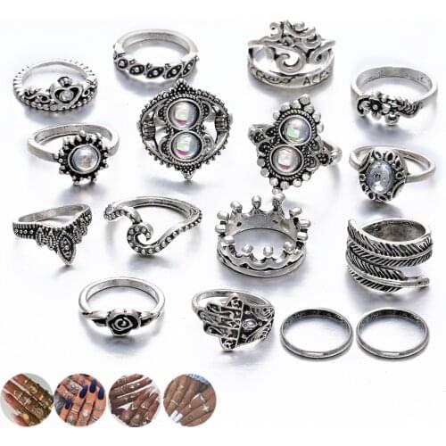 FAMSHIN 14 Design Vintage Crown Crystal Rings Set For Women BOHO Opal Crystal Midi Finger Ring 2019 Female Bohemian Jewelry New