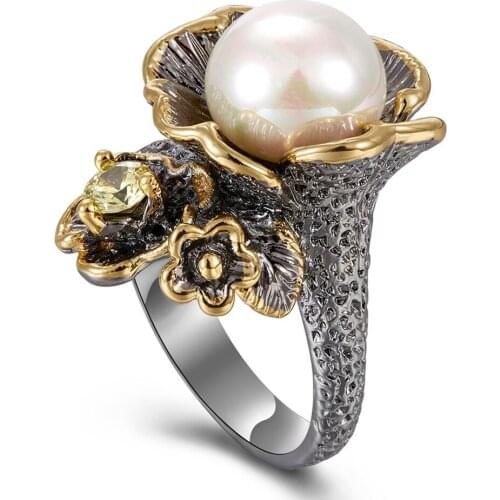 Best Buy Elegant Jewelry Ring with Pearl Multi colorful stone Black Gold-color Fashion Unique Design Party Anniversary Gift Ring
