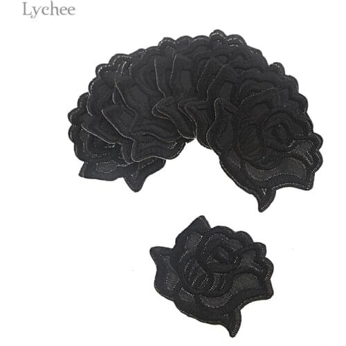 Lychee 10pcs Embroidered Black Rose Flower Patch Clothes Stickers Iron On Applique DIY Apparel Sewing Clothing Accessories