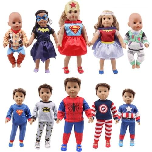 2 Pcs Male/Female Super Heroe Pajamas For 18-inch American 43 cm Doll Clothes Accessories, Girl Toys And Christmas Gifts