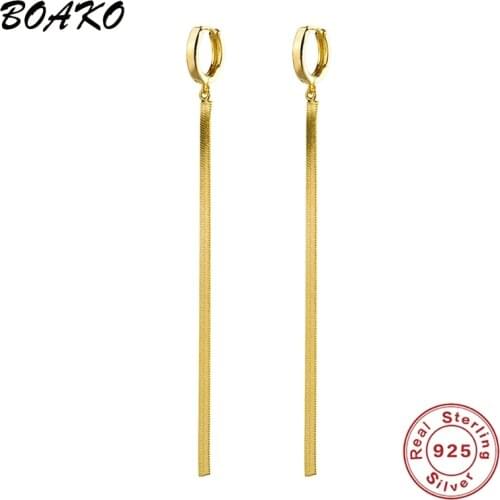 BOAKO 925 Sterling Silver Gold Cool Minimalist Loop Earrings With Bling Long Flat Snake Chain Tassel Drop Earring For Women Gift