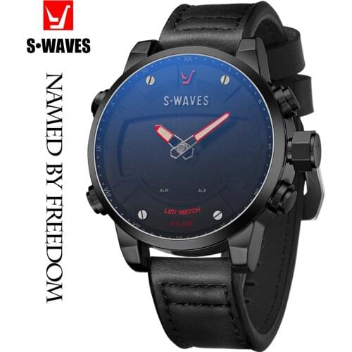 SWAVES Leather Men Watch LED Waterproof Electronic Clock Mens Watches Luxury Black Quartz Casual Military Relojes Para Hombre