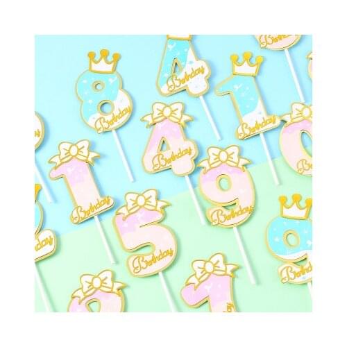 Birthday Cakes Numbers Topper Crown number decoration Cute Pink Blue Paper Number Cupcake Toppers Barking Decoration Baby Shower