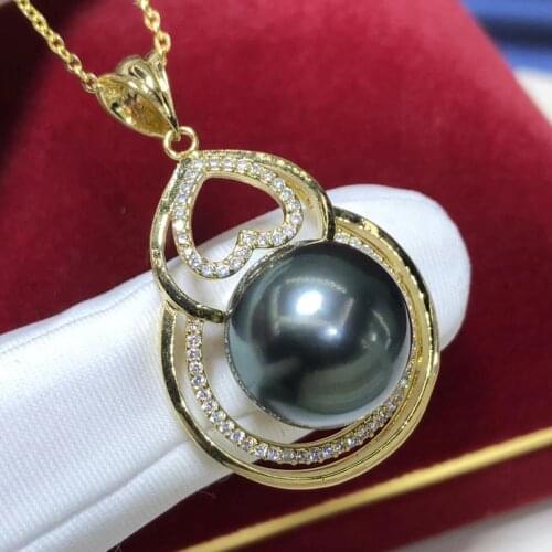 D409 Pearl Pendant 925 Stelring Silver Natural 13-14mm Ocean Sea Water Tahiti Round Pearl Pendants Necklaces for Women