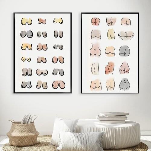 Canvas Painting Funny Bathroom Wall Art Picture Body Sketch Feminist Poster Abstract Line Bum and Boobs Toile Sign Decoration