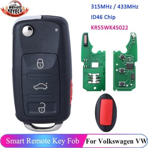 KEYECU 3+1 4 Button 315MHz 433MHz ID46 Chip KR55WK45022 for Audi A8 2003-2007 for VW Touareg Phaeton 2003-2010 Flip Remote Key