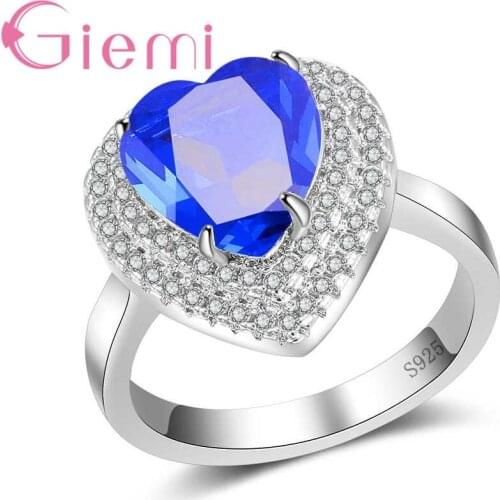 Attractive Lovely Heart Rings 925 Sterling Silver Shiny Jewelry Deep Blue CZ Paved Ring for Women Christmas Gift New