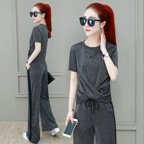Womens Leisure Tracksuit 2021 New Spring Summer Top Short Sleeves T-shirt Two-piece Set Middle Waist Thin Wide Leg Pants Suit
