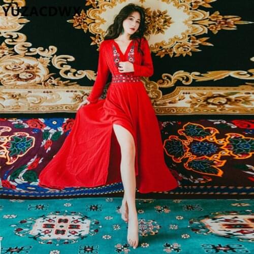 Summer dress 2019 Sexy v-neck embroidered ethnic dress long sleeve dress