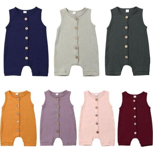 Lovely Newborn Baby Sleeveless Jumpsuit Solid Color Crew Neck Button Closure Romper Playsuit Clothes for Boy Girl Sunsuits