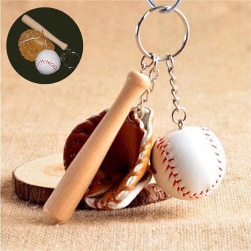 Mini Three-piece Baseball glove wooden bat keychain sports Car Key Chain Key Ring Gift For Man Women wholesale