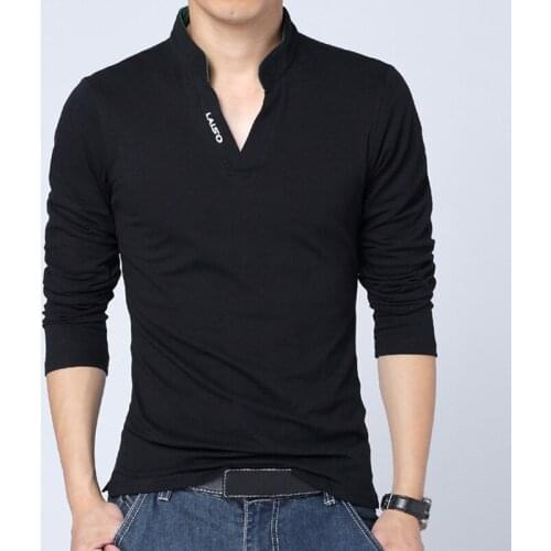 Fashion T-Shirt Men Spring Autumn T Shirt Men Solid Tshirt Mandarin Collar Long Sleeve Top Men Slim Fit Tee Shirts Plus Size