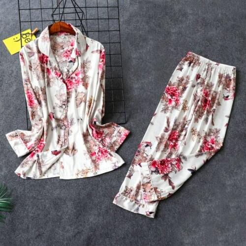 Autumn New 2PCS Womens Home Wear Nightwear Long Sleeve Long Pants Pajamas Suit Sleepwear Sets Sexy Silky Satin Home Clothes M-XL