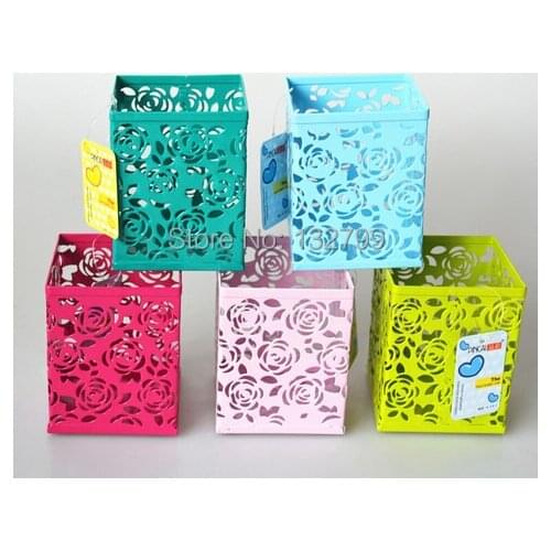 Hollow Rose Metal Pen Pencil Holder Stationery Cosmetic Container Office Organizer Square Storage Box
