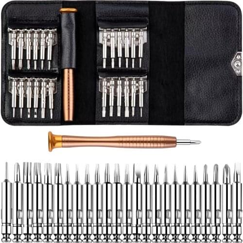 Portable Screwdriver Set with 25 Clamping Bits Mini Repair Tool Multifunctional Leather Case Kit for Latop Smartphone Glasses